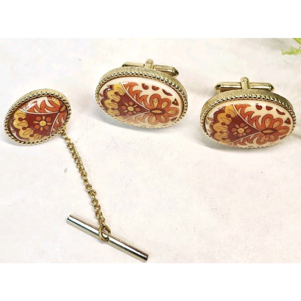 Vintage Ladies Or Mens Cuff Links & tie pin Orange & Red Swank 1960s Mod Retro